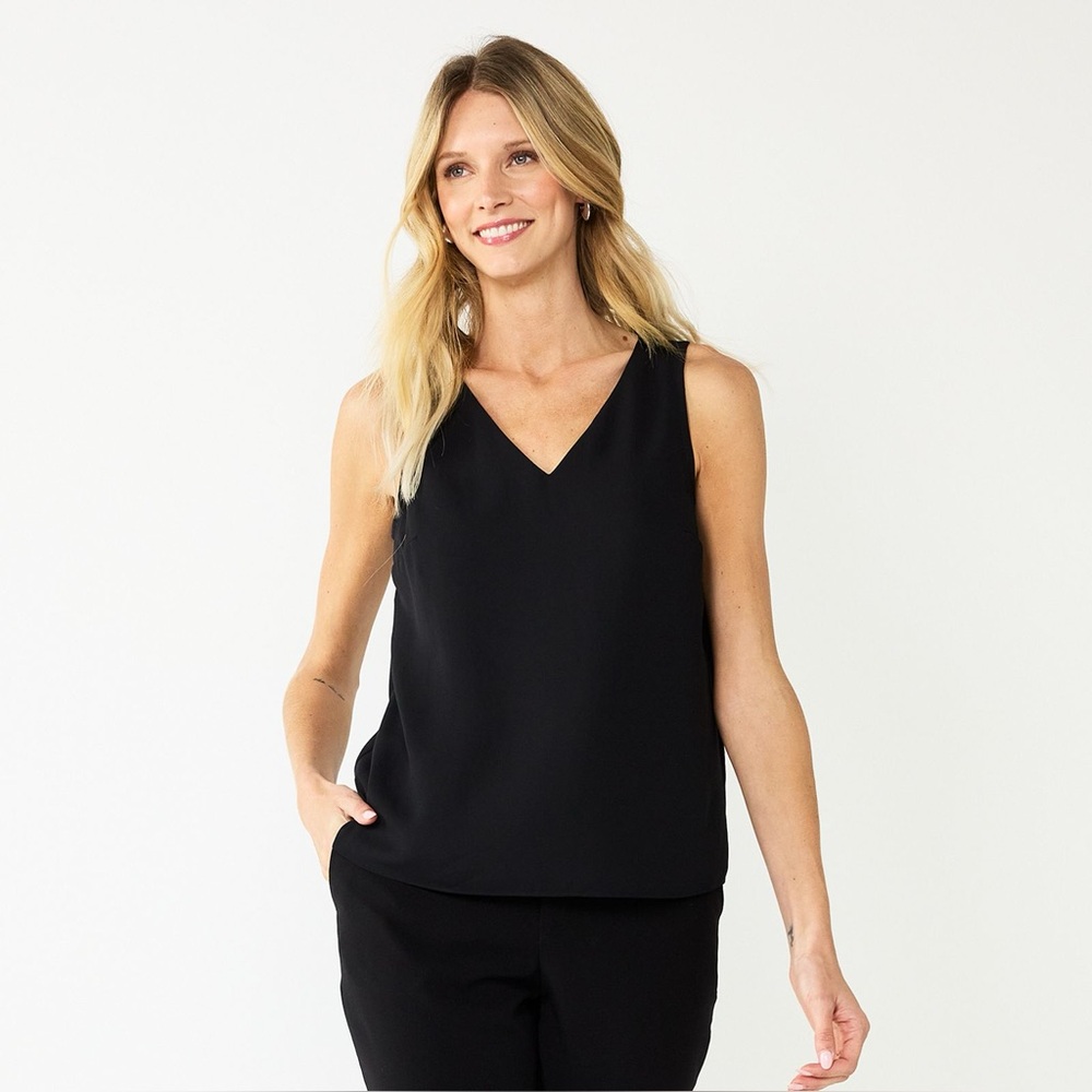 Loft Black V-neck Tank Top Blouse Flowy Rayon Front, Polyester Back Size Small